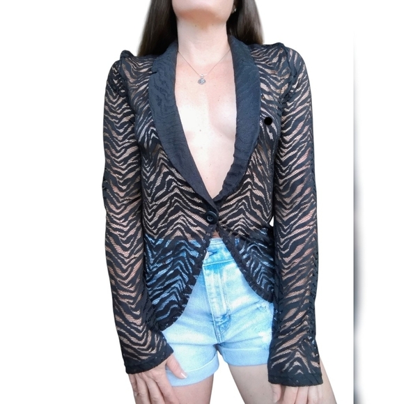 Spoiled Y2K Sheer Cardigan Womens Large Black Zebra Print Goth Lace - Picture 2 of 11